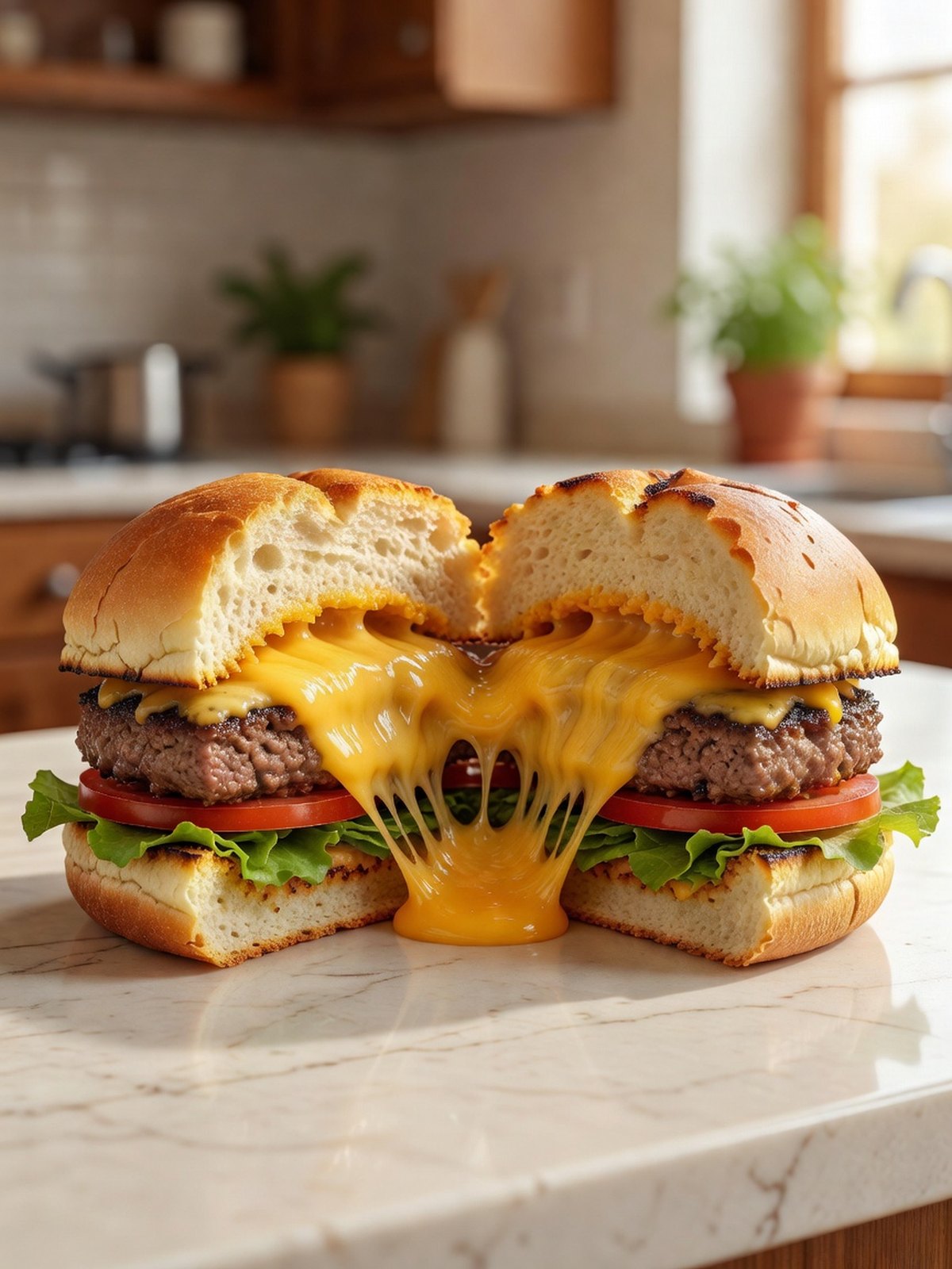 A beef burger cut open to show a molten cheese center on a toasted bun