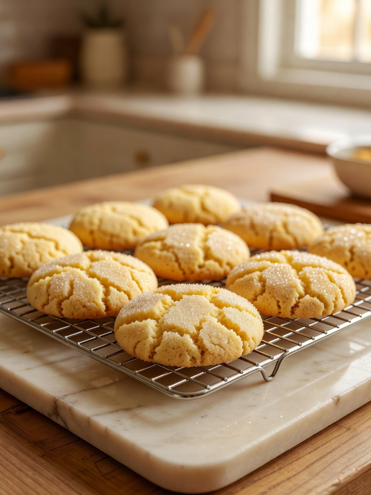 Round golden sugar cookies with crackled sugar tops on a cooling rack