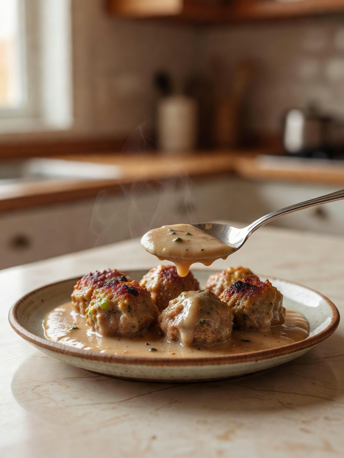 Browned meatballs in a pale brown gravy on a plate with a spoon of sauce
