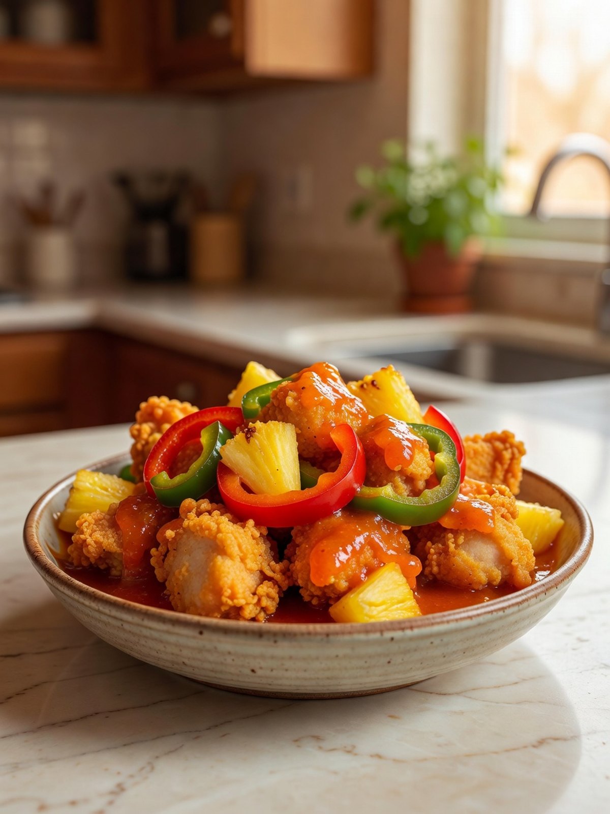 Crispy chicken pieces with pineapple chunks and bell pepper in a shiny orange-red sauce