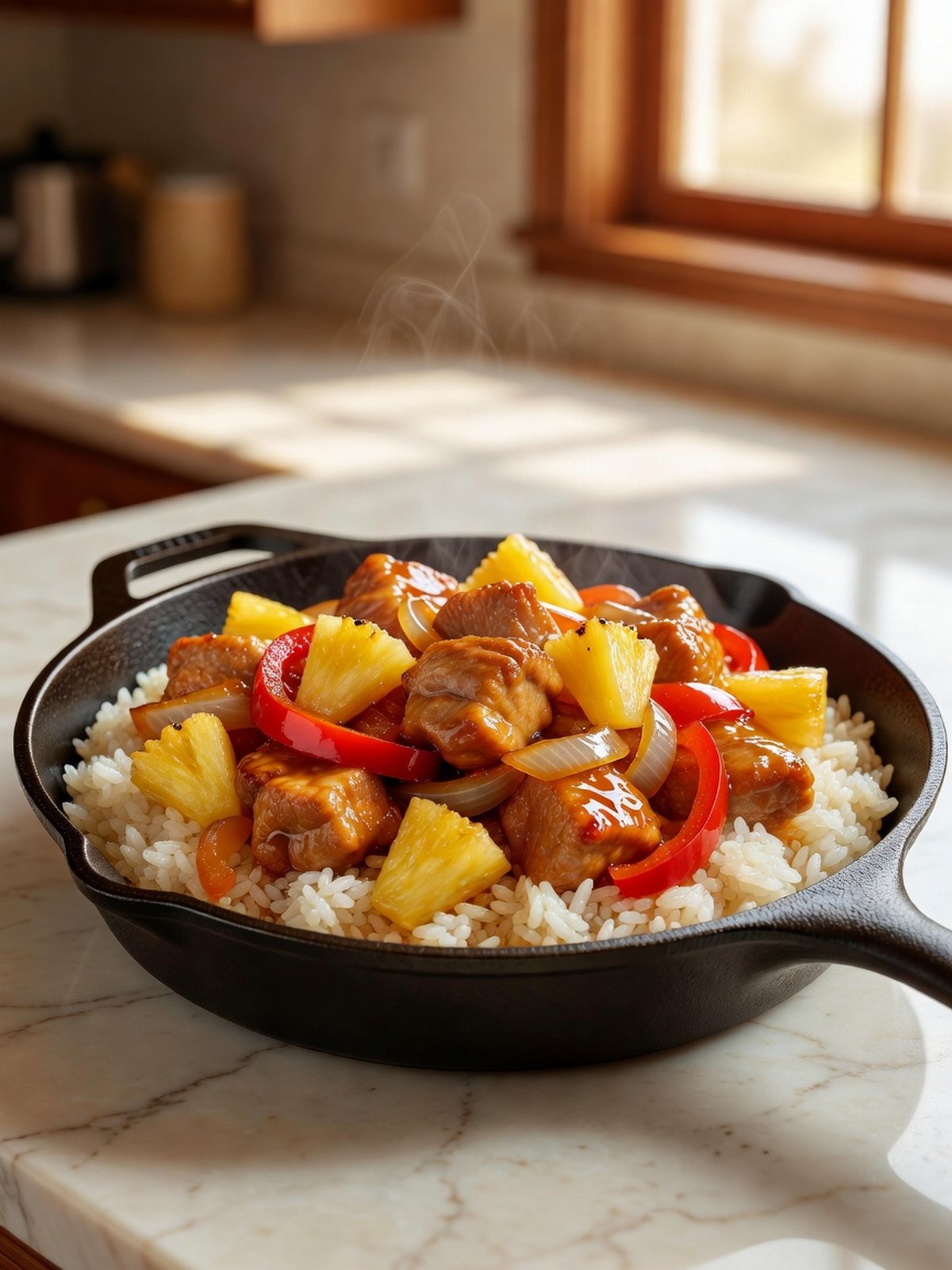 Skillet of sweet and sour pork with pineapple, red pepper, and onion over rice