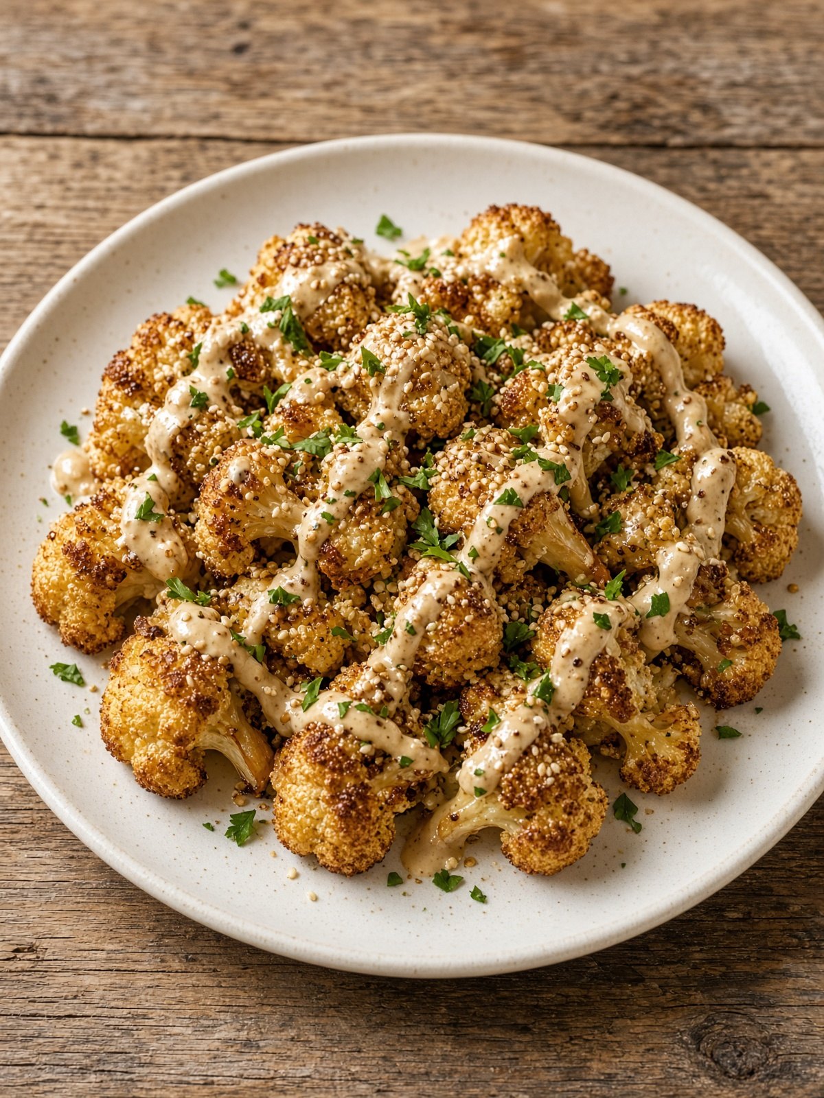 Roasted cauliflower steaks drizzled with tahini sauce and parsley