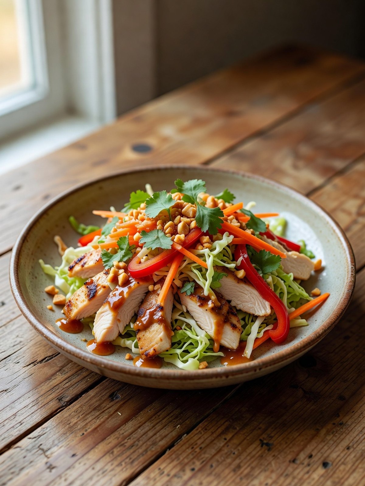 Thai peanut chicken salad with shredded cabbage and chopped peanuts