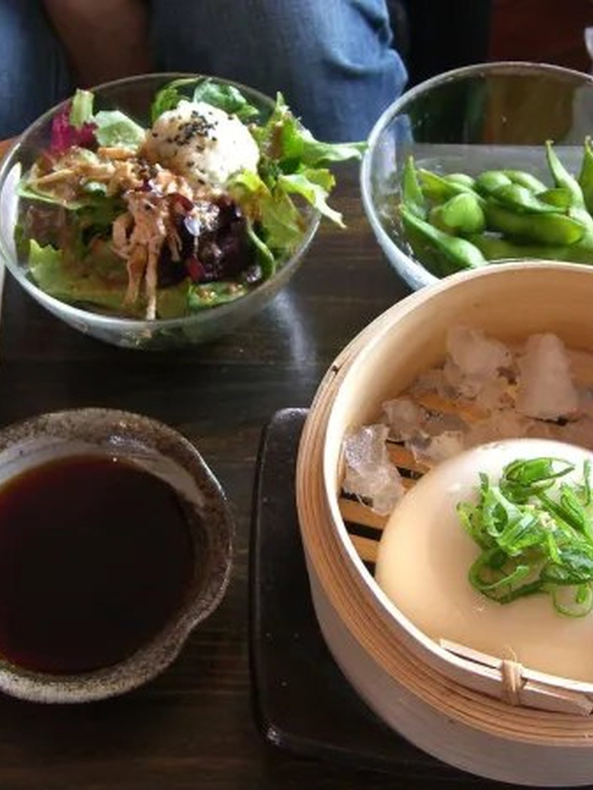 Browned tofu, edamame, and cabbage in a ginger soy glaze