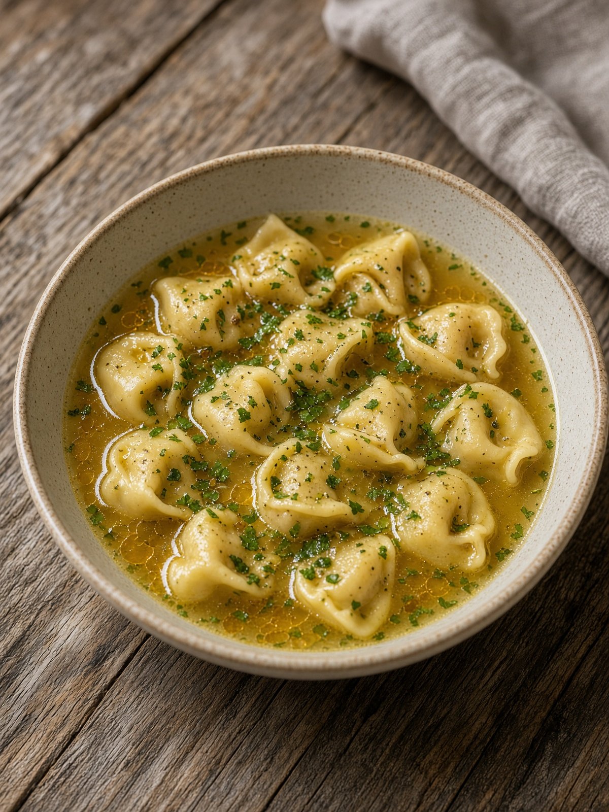 Bowl of cheese tortellini in clear broth with spinach