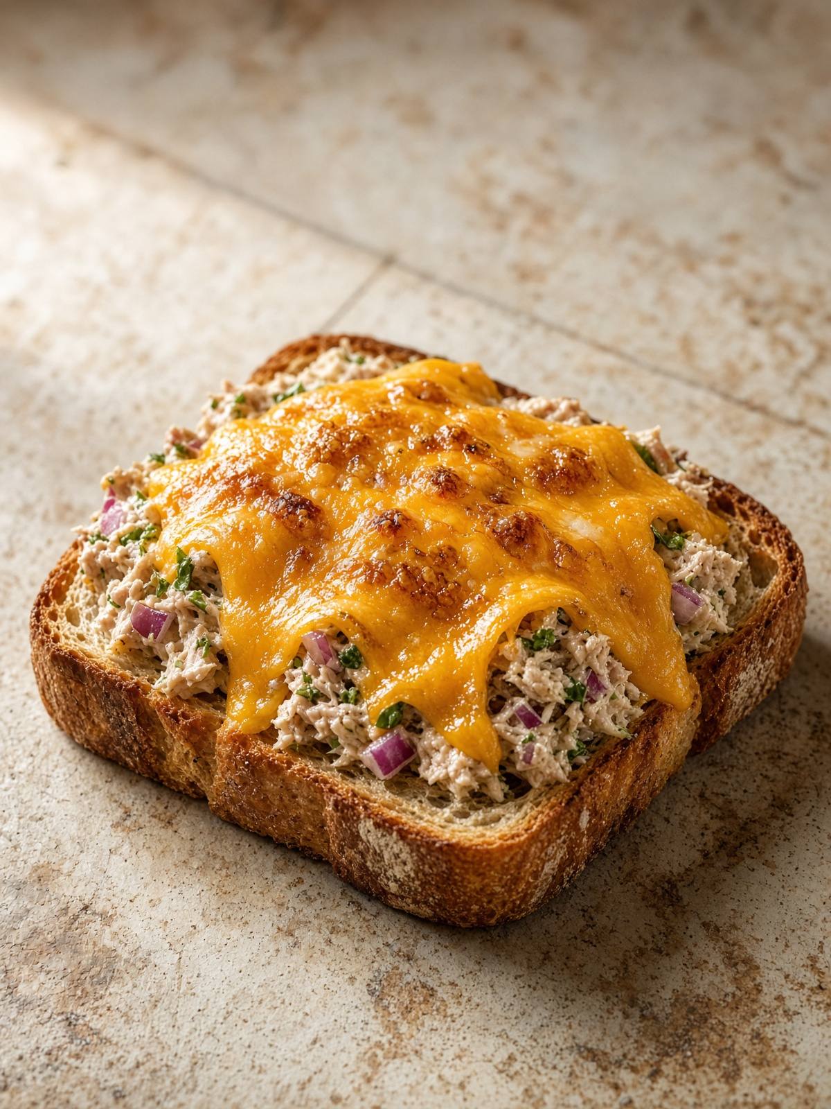 An open-face tuna melt with melted cheddar on toasted bread.