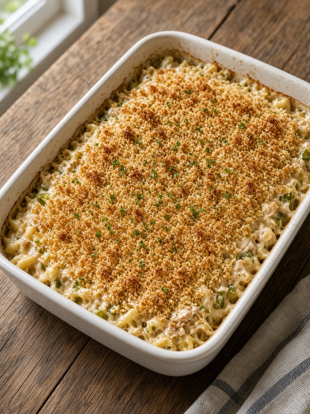Baked tuna noodle casserole with a golden crumb topping