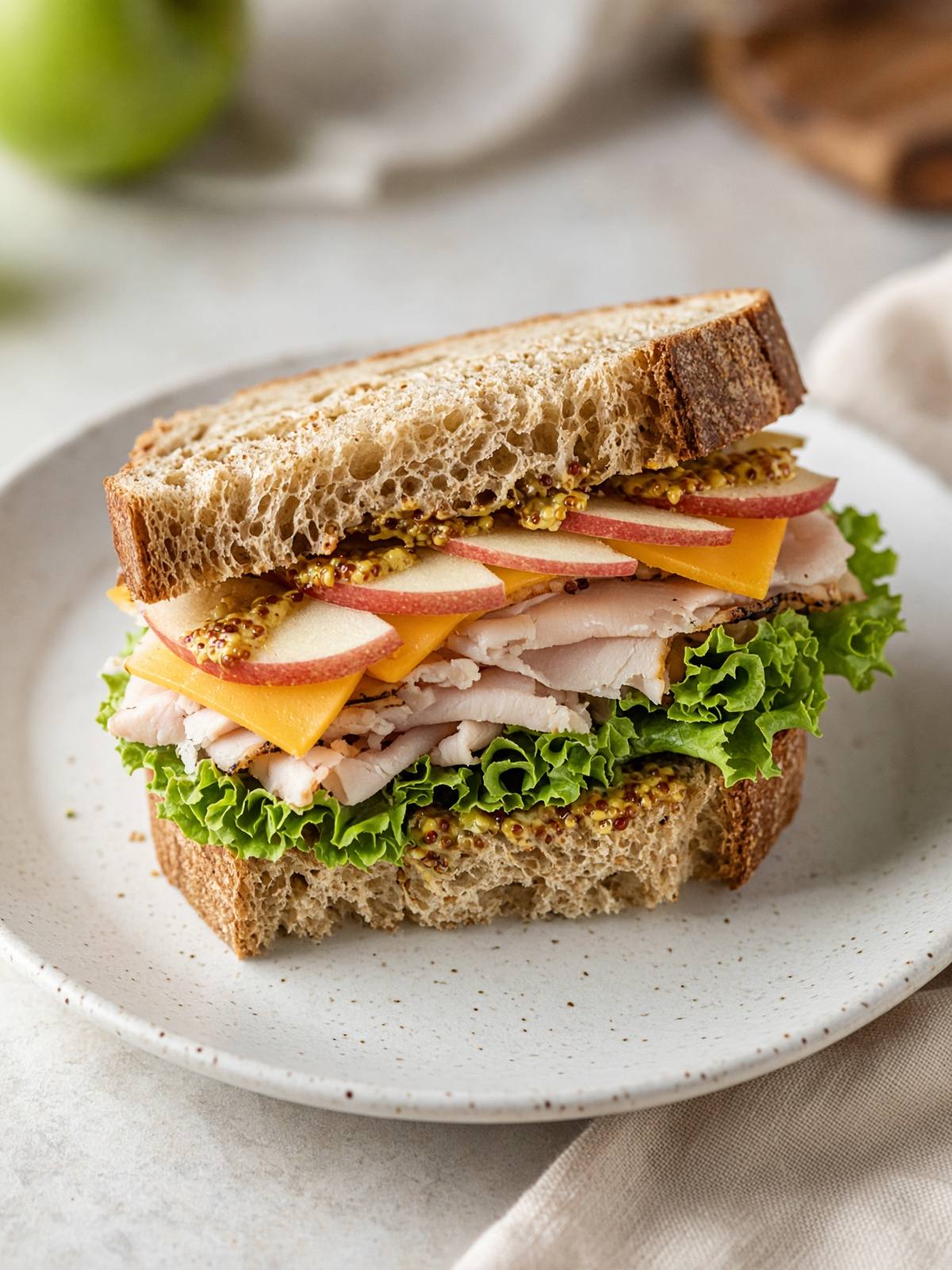 A sliced sandwich showing turkey, cheddar, and thin apple slices on bread.