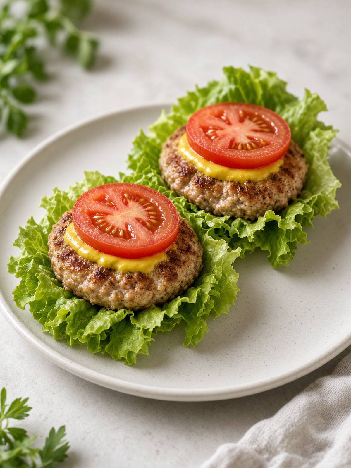 Turkey patties stacked with lettuce, tomato, and onion, no bun.