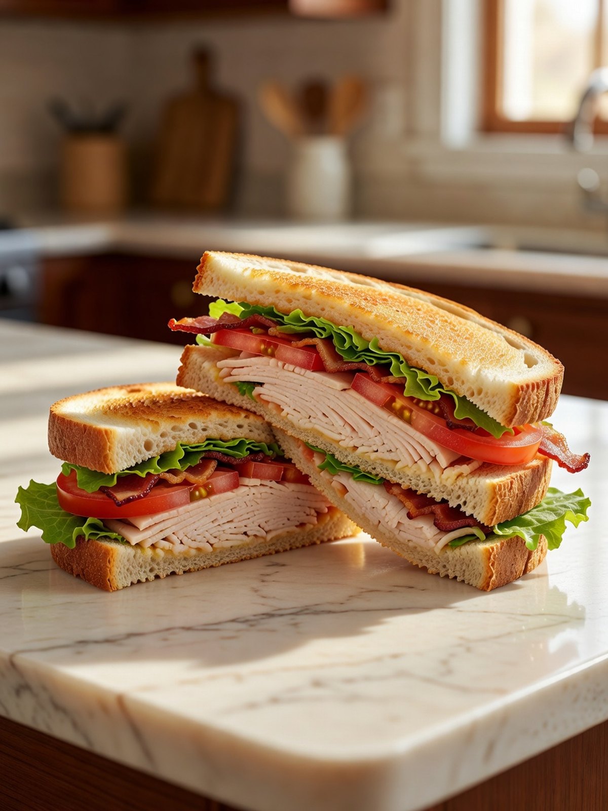Turkey club sandwich cut into triangles with turkey, bacon, lettuce, and tomato