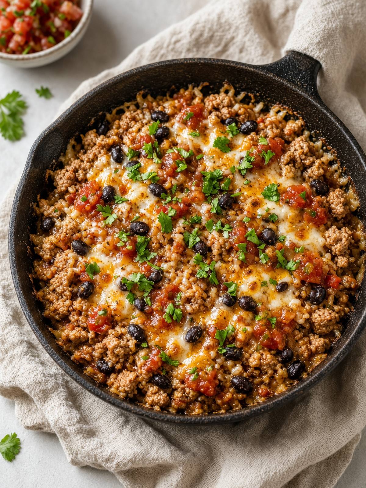 Turkey taco skillet with beans, rice, and salsa.