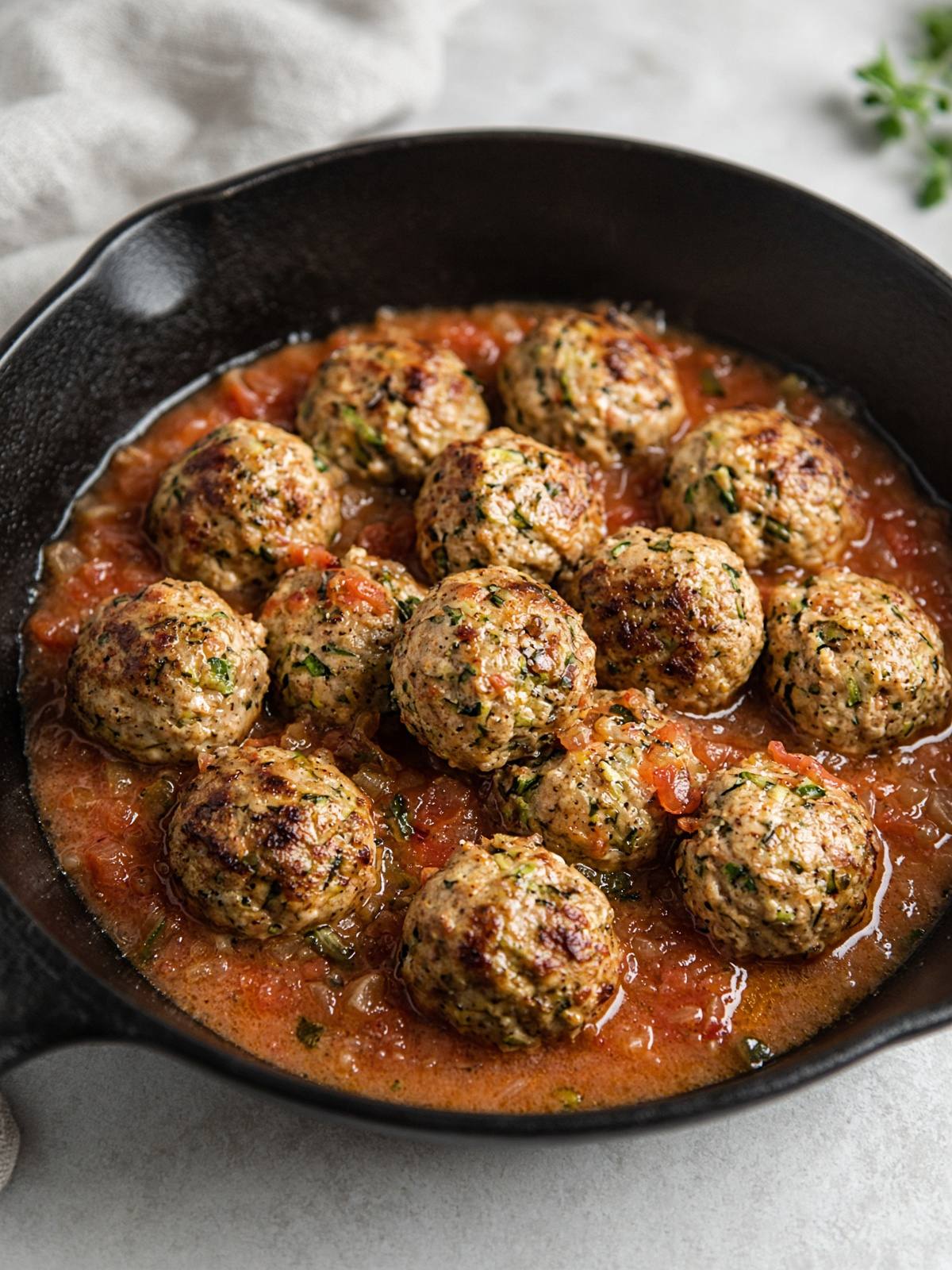 Turkey meatballs in tomato sauce with green flecks of zucchini.