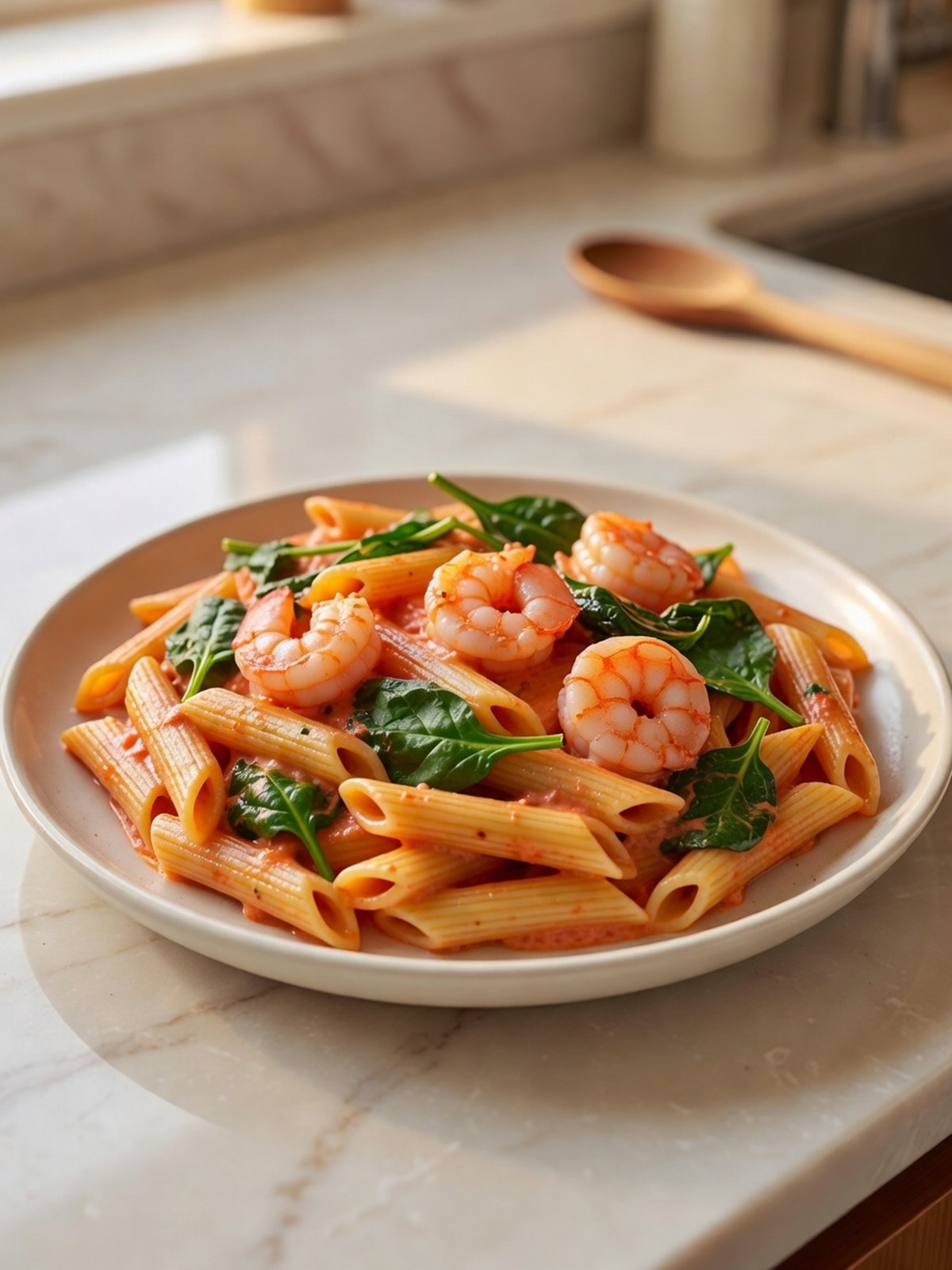 Plate of penne with pink shrimp, wilted spinach, and creamy tomato sauce
