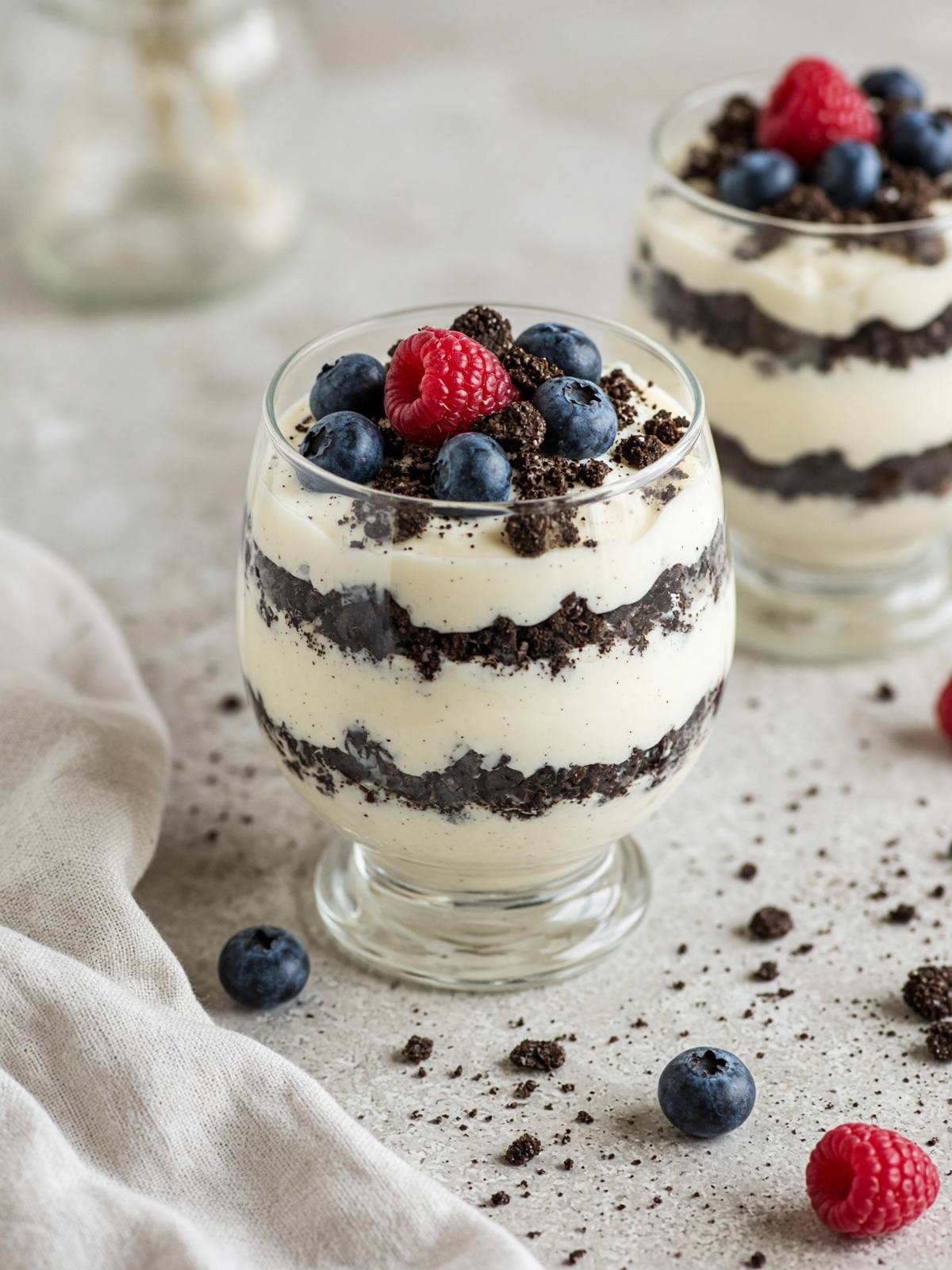 Vanilla pudding parfaits with berries in glasses.