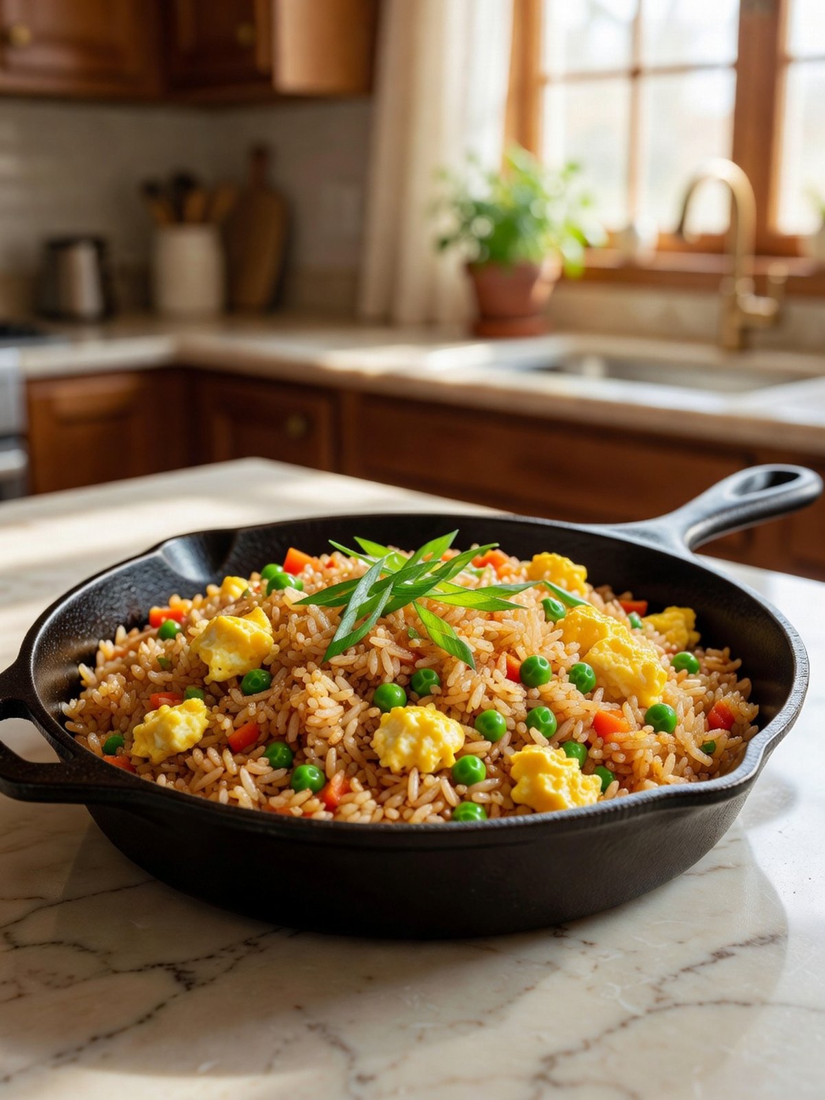 Skillet of vegetable fried rice with egg, peas, carrots, and scallions