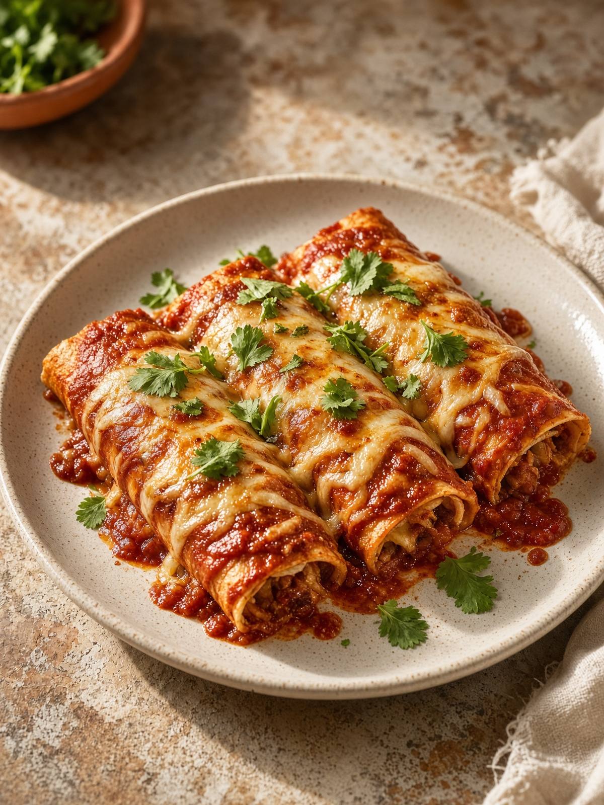 Rolled tortillas covered in red sauce and melted cheese, with cilantro.