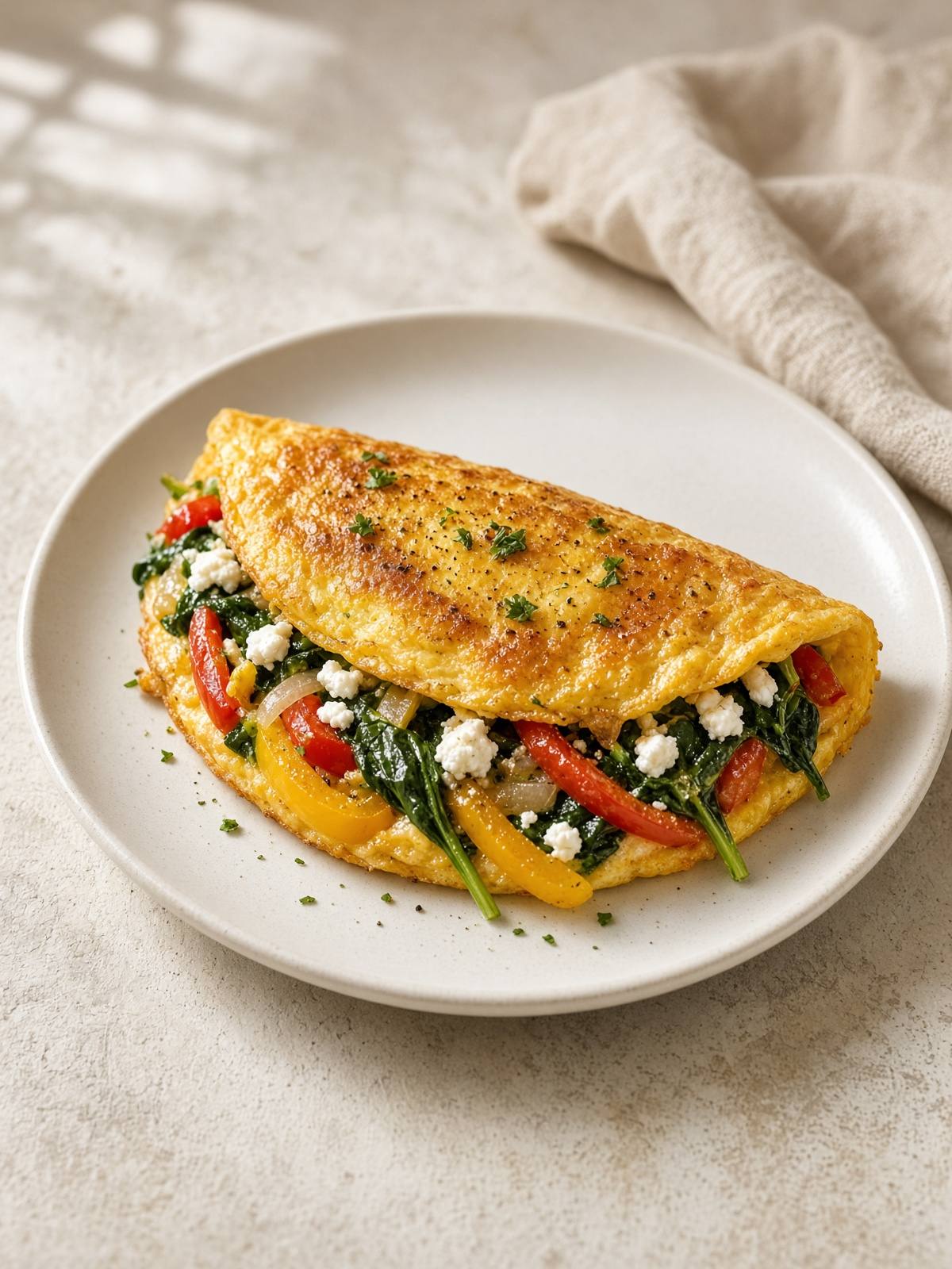 Folded vegetable omelet with spinach, bell pepper, onion, and feta.