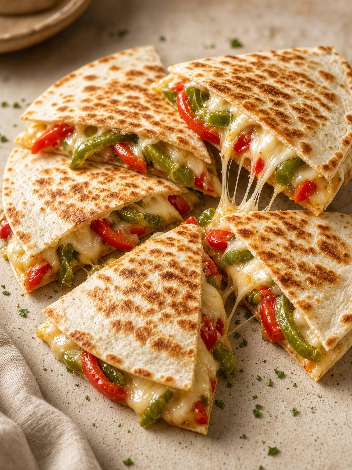 Quesadilla wedges with peppers and a cheese pull.