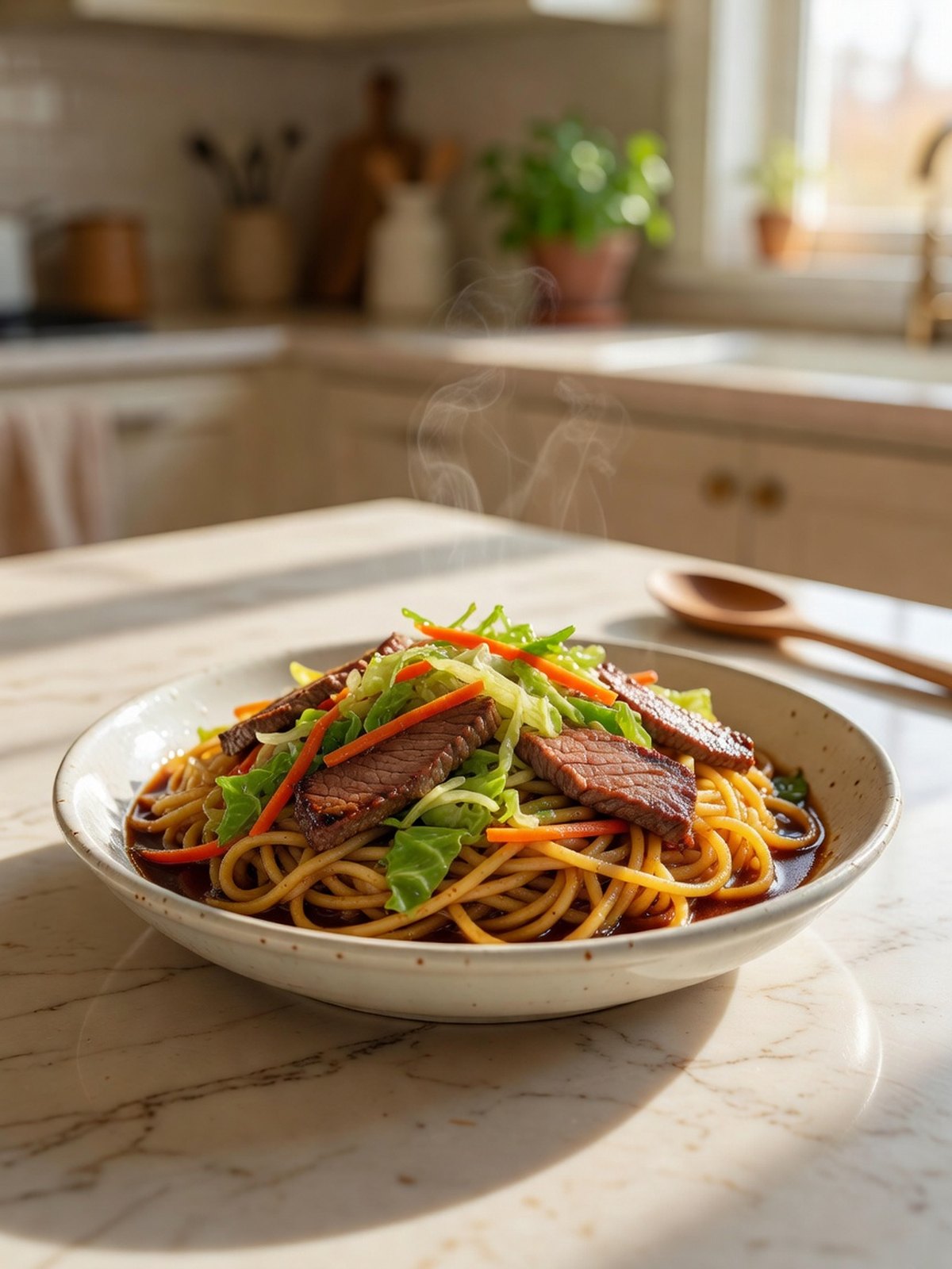 Beef lo mein noodles with steak strips, cabbage, and carrots in a dark sauce