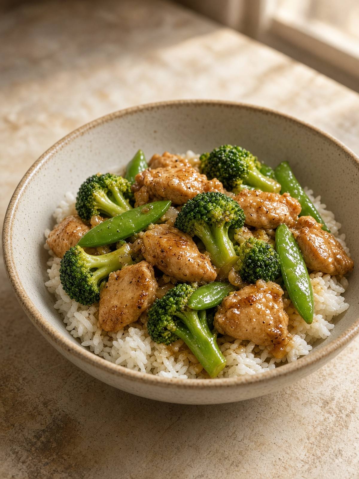 Chicken, broccoli, and snap peas in a glossy sauce over rice.