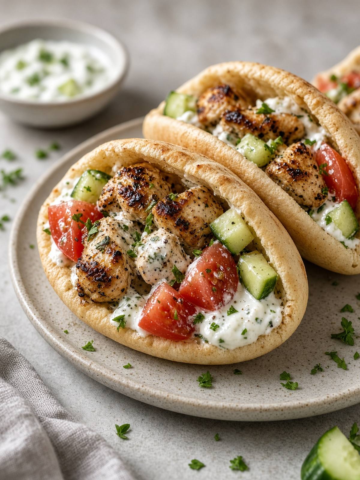 Chicken in pitas with cucumber, tomato, and yogurt.