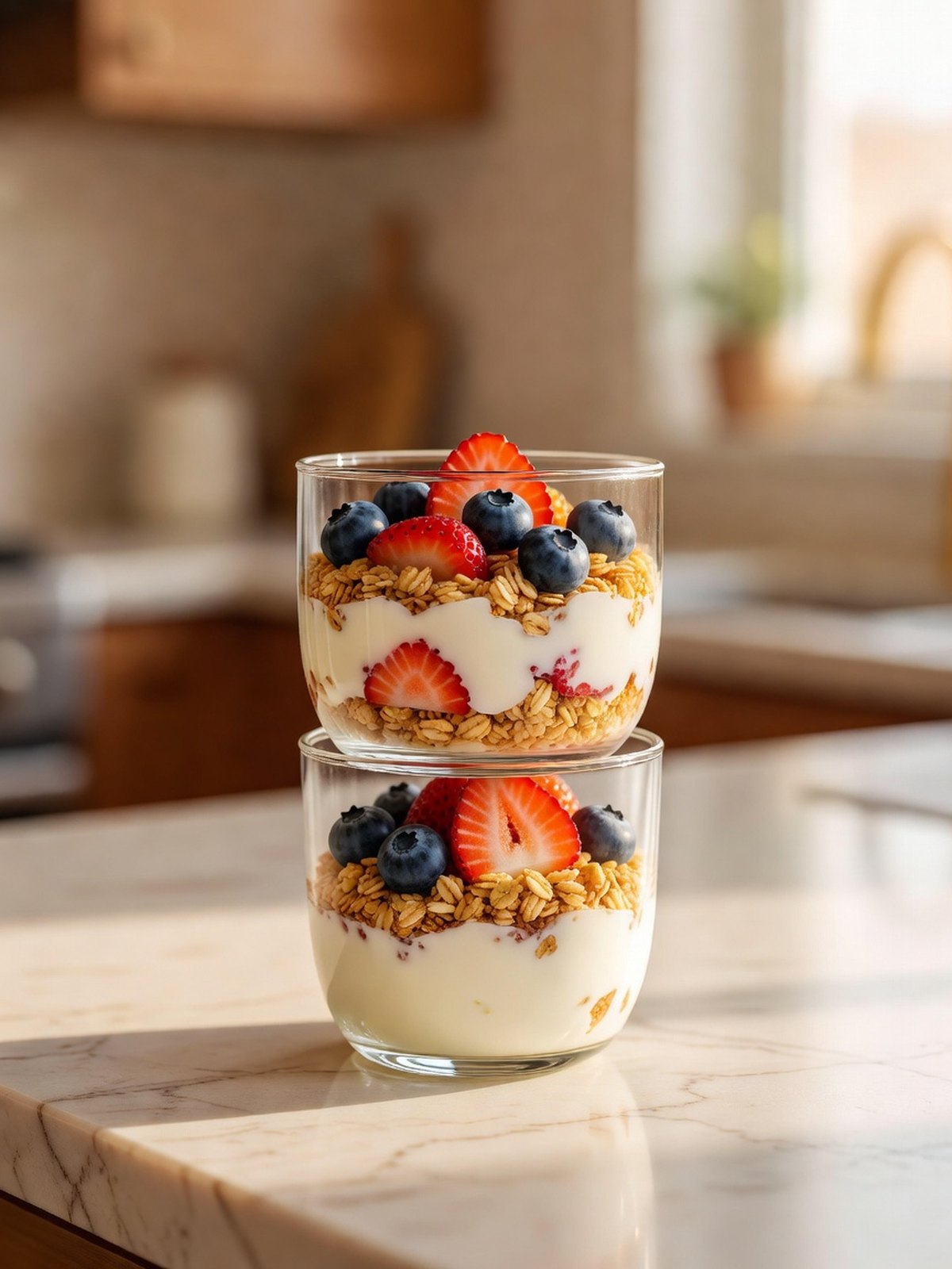 Clear glasses layered with white yogurt, granola, sliced strawberries, and blueberries